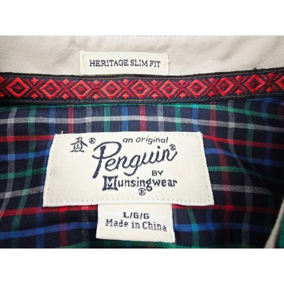 Penguin Heritage Slim Fit Large Mens Black Multi Check Embroidered Logo Shirt - Picture 6 of 9